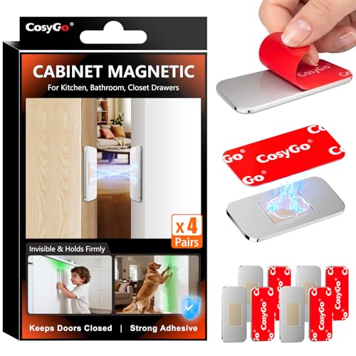 CosyGo 4Sets Extra Strong Magnetic Cabinet Door Catch No-Drill Invisible Ultra Thin Magnets for Cabinet Door Closure Drawer Magnets with Strong Adhesive to Stay Closed