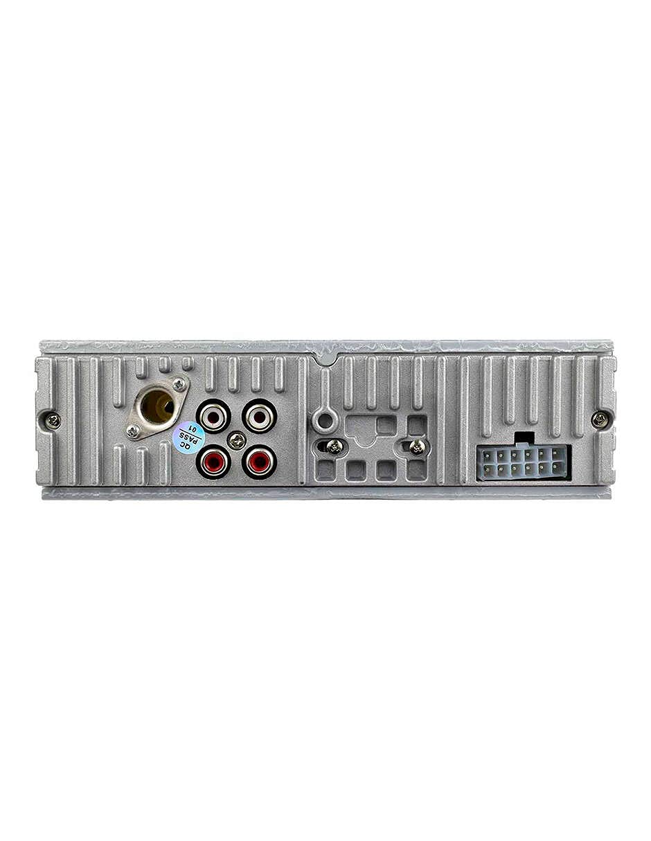 Mitzu MCS-9956 car stereo rear panel showing wiring harness connector, antenna input, and RCA outputs