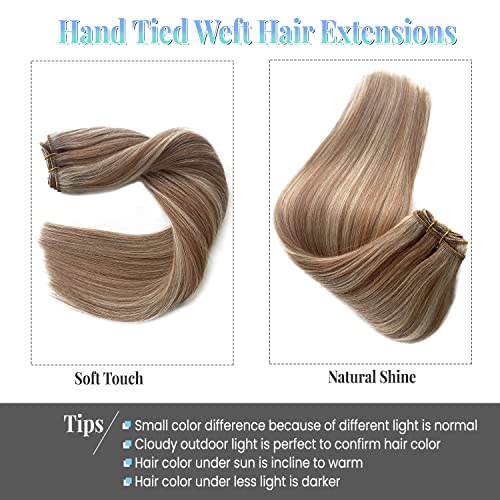 Image of Sew in Weft Hair Extensions Real Human Hair, Golden Brown and Blonde Mixed Weft Hair Extensions Human Hair, 12 Inch 80G Hand Tied Wefts Hair Extension Human Hair Bundles Sew in Extensions for Women
