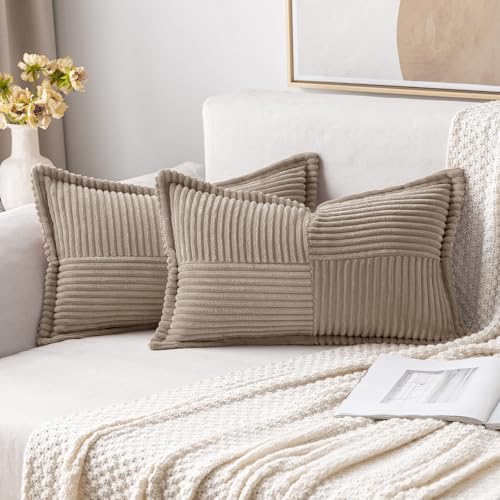 Image of MIULEE Decorative Lumbar Throw Pillow Covers for Couch Bed Livingroom 12x20 Inch Set of 2 Light Brown Boho Accent Throw Pllows Broadside Striped Patchwork Soft Corduroy Pillowcases
