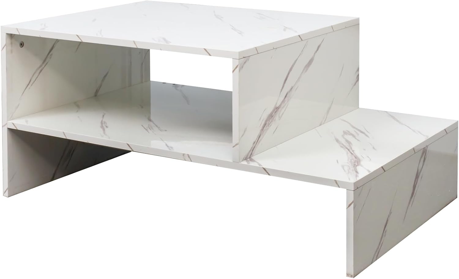 Unique Architectural Shape Coffee Table,2-Tier Rustic Wood Desktop with Open Side Storage Shelves,Modern Wood Center Table for Office,Living Room (White + Particle Board+MDF)