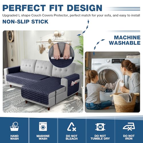Image of TAOCOCO Sectional Couch Covers 100% Waterproof L Shaped Sofa Covers for Right Hand Facing Chaise Lounge, 2 Pieces Couch Cover L Shape Furniture Protector Slipcover for Pets Kids, Small /Dark Blue
