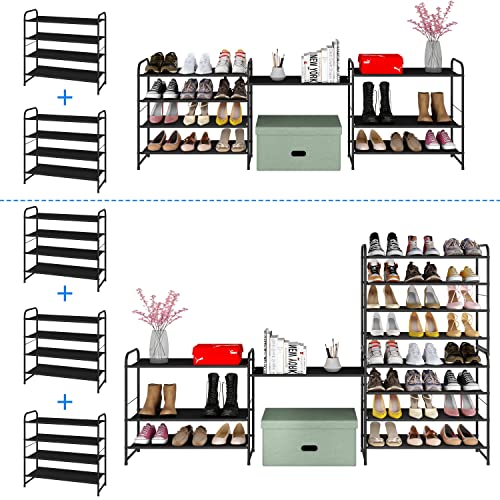 Image of Simple Trending 4-Tier Stackable Shoe Rack, Expandable & Adjustable Fabric Shoe Shelf Storage Organizer, Black