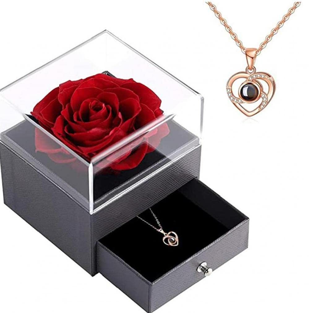 TOSSPER Eeuwige echte roos met ketting 100 talen sieraden geschenkdoos voor Valentijnsdag Moederdag Huwelijksverjaardag cadeau