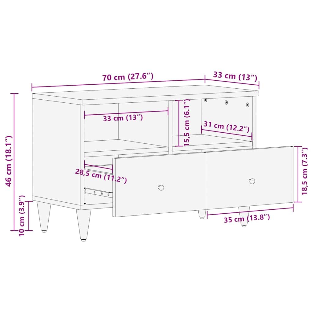 Mobile TV grigio chiaro, 70 x 33,5 x 46 cm, in legno massiccio di mango, mobile basso con cassetto, scomparto e porta, console multimediale per soggiorno, camera da letto, gaming, in piedi