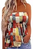 Patchwork Print Tube Tops Women Elastic Trim Strapless Vintage Blouse Multicolour Off The Shoulder Tee（Large,Multicolour
