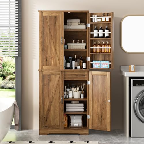 Image of Shintenchi Kitchen Pantry Cabinet, Farmhouse Tall Cupboard, Rustic Brown