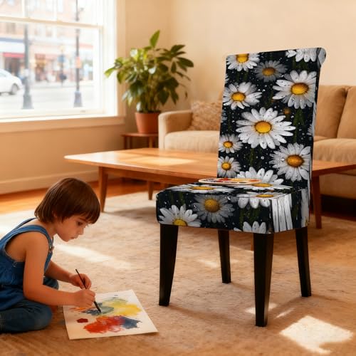 Image of Nuxovilar 6PCS White Daisy Dewdrop Dining Chair Seat Covers Milk Silk | Stretch Slipcover Furniture Protector Daisy Wrap Seat Guard Dining Room Morning Brunch Home Kitchen (Dewdrop Floral)