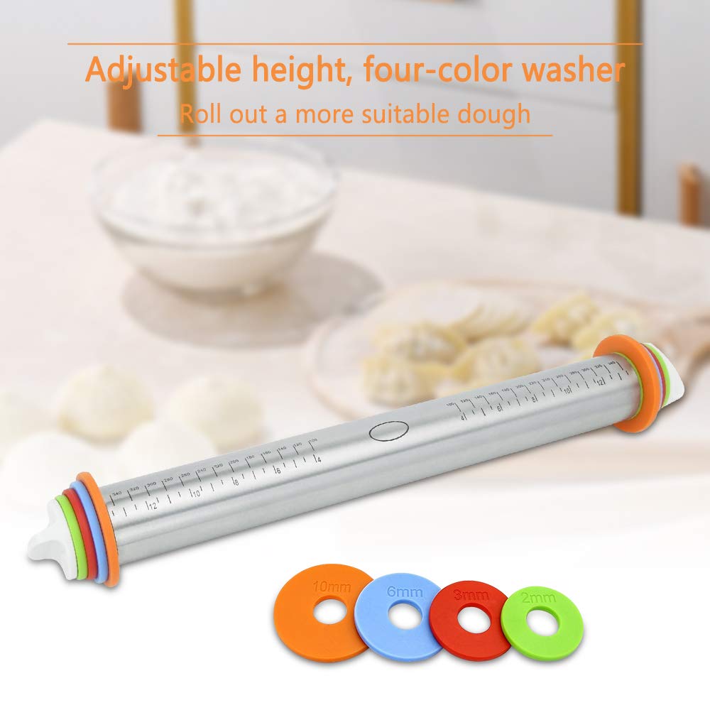Rodillo de Amasar-Rodillos Ajustables de Acero Inoxidable con 4 Anillos de Espesor Ajustable Extraíbles, Rodillo de Masa con Tapete para Pasta de Hornear,Pastel, Pizza, Pasta y Galletas