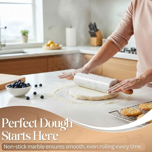 Image of Flexzion Marble Rolling Pin Heavy Nonstick Stone Dough Roller - 10 Inch Polished Barrel with Wooden Handles & Cradle Stand for Baking Pastry Bread Pizza Cookies Pie Crust Pasta Tortillas (White)