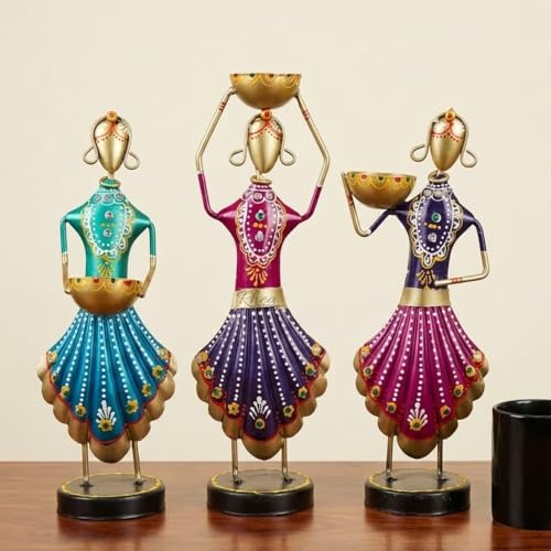 Image of Rajasthani Showpiece Set of 3 | Handcrafted Metal Table Decor | 11x5x2 Inch, 300g Each | Traditional Home Decoration Items for Living Room | Ethnic Figurine & Housewarming Gift