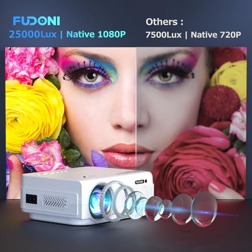 Image of FUDONI Native 1080P WiFi Bluetooth Projector, Full HD Portable Outdoor Movie Projector, Built-in Speaker, Max 300 inch Screen, for Smartphone (Pure White)