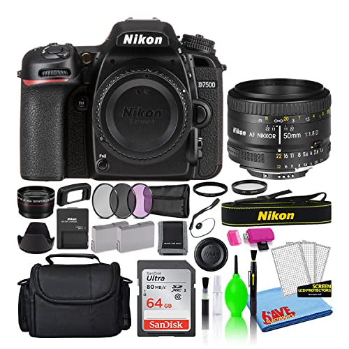 Nikon D7500 20.9MP DSLR Digital Camera with AF 50mm f/1.8D Lens (1581) Deluxe Bundle with SanDisk 64GB SD Card + Large Camera Bag + Filter Kit + Spare Battery + Telephoto Lens