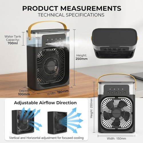 Image of DRUMSTONE Luxurious 5 Years Warranty Portable Rechargeable Air Cooler Fan with Mist Spray Instant Mini AC Cooling Powerful Airflow USB Charging Personal Desktop Cooler for Home Office Travel SummerUse