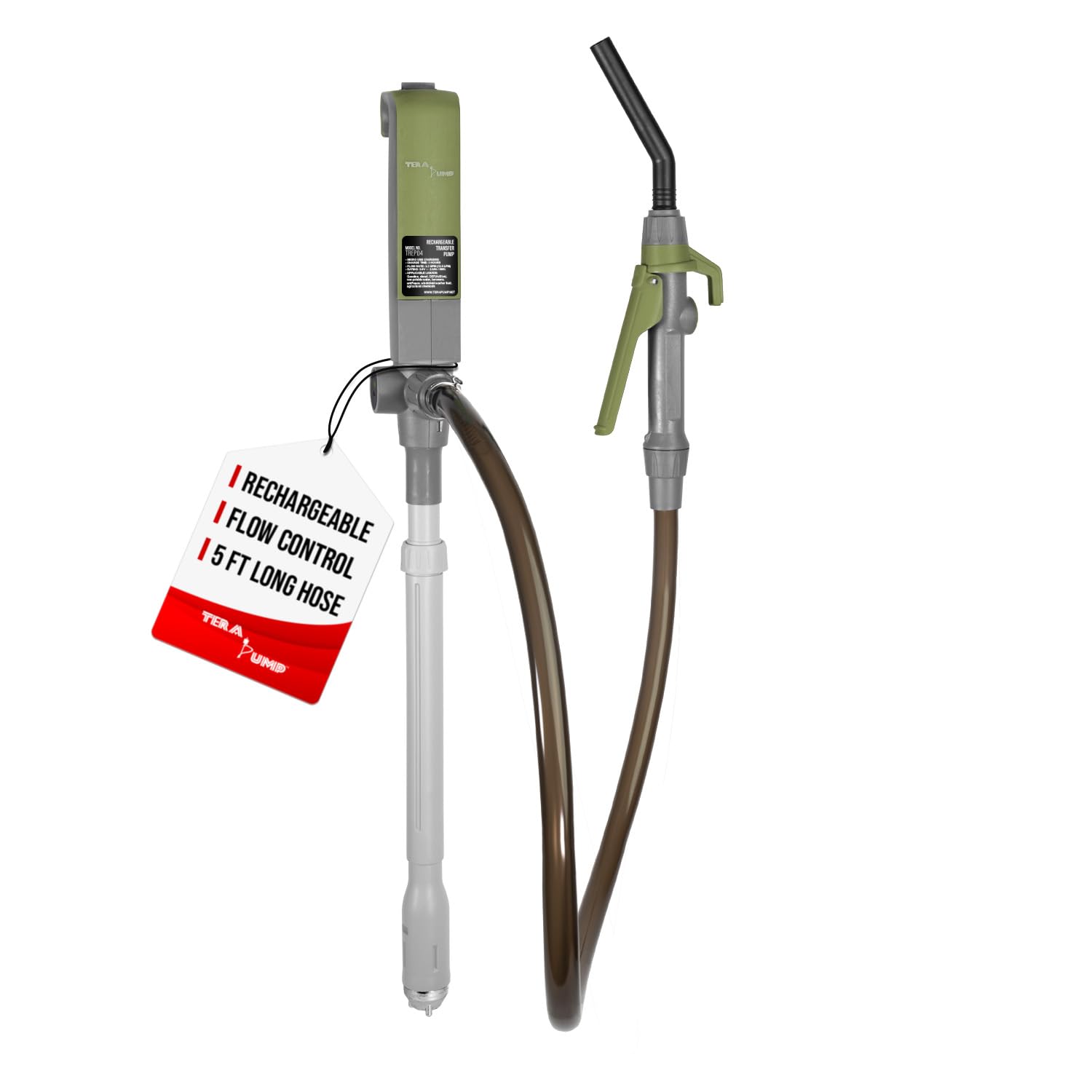 TERA PUMP High Volume Rechargeable Battery Gas Can Pump [Improved 3.1 GPM Powerful Suction That Lasts] 20% More Power - Refuel from Greater Distances, Elongated 60 inch Hose w/ Nozzle Control