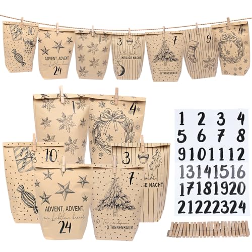 DECHISY Adventskalender Tüten, 24 Papiertüten Adventskalender mit Zahlenaufklebern & Klammern, Diy adventstüten zum Befüllen, Weihnachten Geschenke Machen