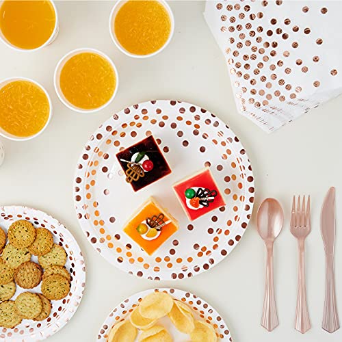White And Rose Gold Party Supplies - 350 Pcs Disposable Dinnerware Set - White Paper Plates Napkins Cups, Gold Plastic Forks Knives Spoon For Graduation, Birthday, Cocktail Party #TOP5