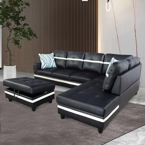Image of L-Shaped 3-Piece Semi PU Synthetic Leather Sofa with Storage Ottoman Set, Sectional Couch Sofa Set for Living Room, Office, Small Space, Black and White