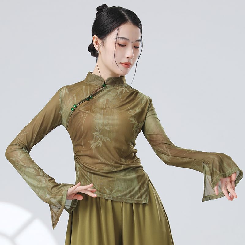 HEARTTOUCH Women Modern Dance Top Mesh Ballet Wrap Top Chinese Style Shirts Yoga Gym Crop Tops Teen Girls Pullover (Green,Small)