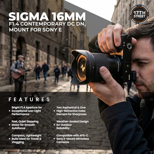 Image of Sigma 16mm f /1.4 DC DN Contemporary Lens for Sony E | APS-C Format, Super Multi-Layer Coating, Weather-Sealed, Tiffen 67mm UV Protector Filter, 64GB Extreme PRO Memory Card, and Camera Bag Bundle