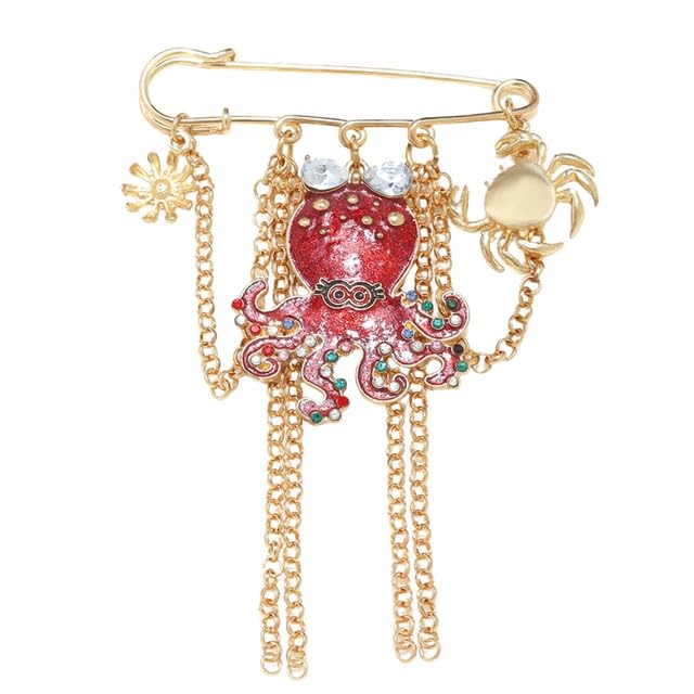 Crab Design Safety Brooch Pin | Tassel Chain Colorful Stone Ocean Theme Clothing Accessory-image-46