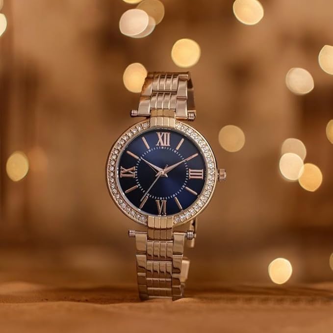 Image of EVRGLOW Analogue Wrist Watches for Women's & Girls&Miss&Ladies Luxury Blue Dial with Roman Marker in Diamond Studded Round case with Rose Gold brecelet Strap Stylish Quartz Watches