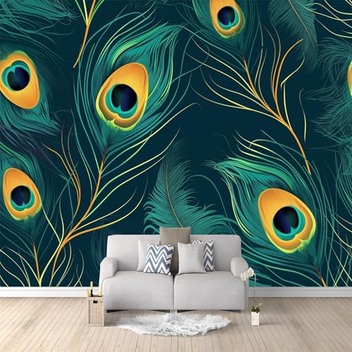 Papel Tapiz Fotográfico Rayas De Plumas De Pavo Real Animal Murales, Cian Oscuro Mural de Pared Papel Tapiz Fotográfico, 200x140cm Mural de Papel Tapiz Arte de Pared para Sala de Estar Dormitorio