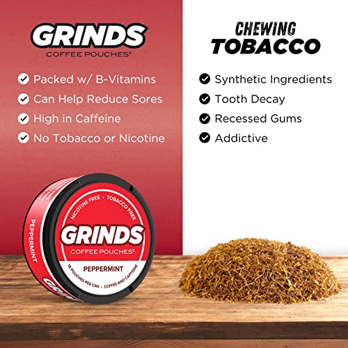 Grinds Coffee Pouches | 10 Cans Of Peppermint | Tobacco Free, Nicotine Free Healthy Alternative | 18 Pouches Per Can | 1 Pouch Eq. 1/4 Cup Of Coffee (Peppermint) #TOP4
