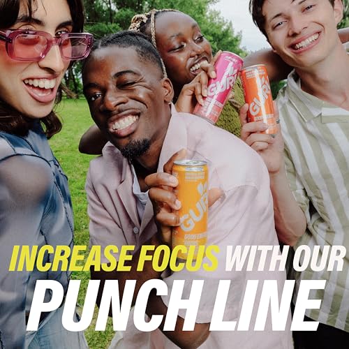 Image of GURU Energy Drink, Tropical Punch Organic Sparkling Energy Drink with Real Fruit Juice + L Theanine, 140 MG Natural Caffeine for Workouts, Performance & Midday Boost, Plant Based, Gluten Free, 12 Fl Oz, 12 Pack