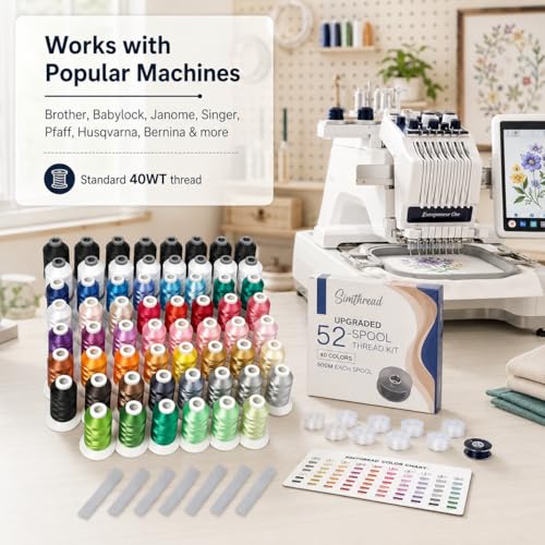 Image of Simthread 52pcs Polyester Embroidery Thread Kit 40 Colors Black White | 52-piece kit includes 40 colors plus black and white spools for smooth polyester embroidery and sewing machine projects.