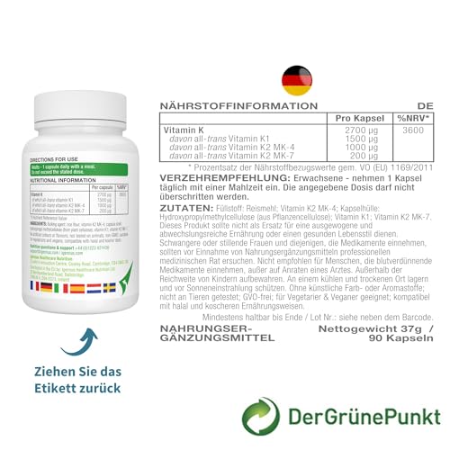 Igennus Hochdosierter Dreifacher Vitamin K Komplex 2700 mcg, Vitamin K1 & K2 (MK-4 & MK-7), bioaktive naturidentische Formen, hochdosiert, Knochen & Herz-Kreislauf-System, Clean Label, 90 Kapseln