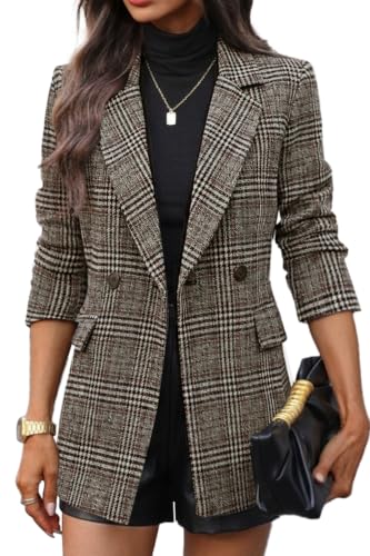 ELLEVEN Plaid Tweed Blazers for Women Brown Plaid Medium