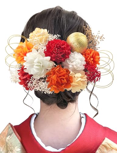 【JZOON】髪飾り ヘアアクセサリー ドライフラワー ピンポンマム クチナシ 紫陽花 カスミソウ お花 和玉 結び水引 結婚式 入学式 卒業式 成人式 着物 浴衣 袴 振袖 洋服 和風 上品 華やか 立体感 おしゃれ 赤 Y1121