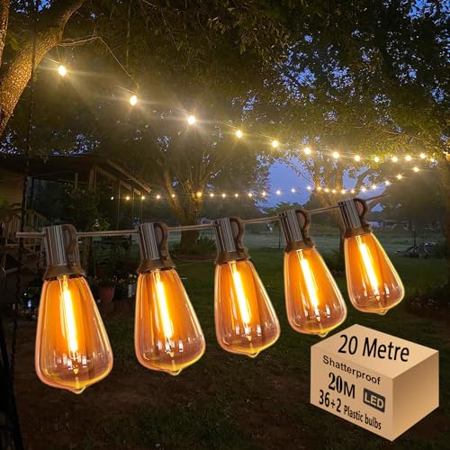 20M Outdoor LED Festoon String Lights, 36+2 Warm White ST38 Bulbs, Waterproof Garden Lights for Patio Pergola Backyard Fence Houseroof, Party, Wedding, Extendable, Zip Ties Included for Install