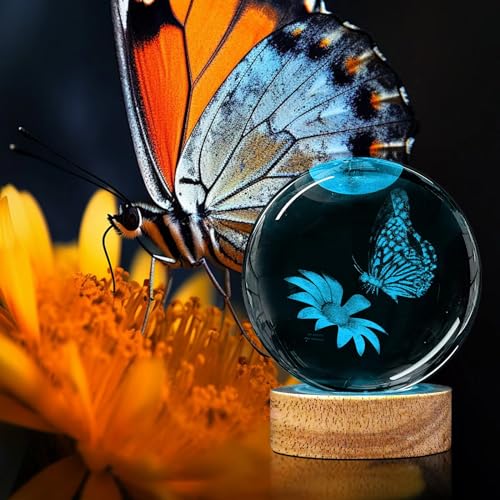 Image of 3D Butterfly Crystal Ball Night Light with 16 Colors and 4 Modes, Upgraded K9 Crystal, 3.15 Inch Butterfly and Flower Figurines, Remote Control, Gift Box