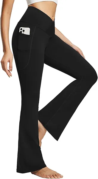baleaf Women's Flare Leggings with Pockets Crossover Flared High Waist Petite Yoga Pants Tummy Control Bootcut Leggings Black 29" L