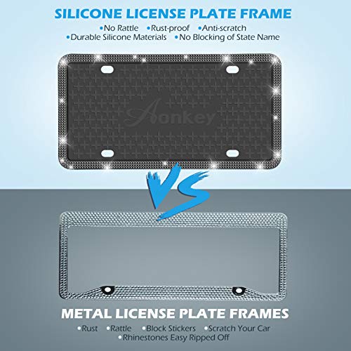AONKEY Bling License Plate Frame, 2 Pack Black Silicone Diamond License Plate Frames for US Vehicles, Universal Rhinestones Car License Plate Holder, Rattle-Proof & Rust-Proof