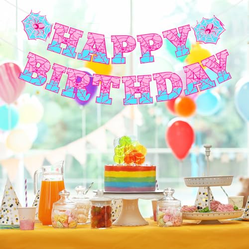 Image of Oudain Spider Theme Birthday Banner Pre-strung Web Flags,Pink Blue | Cartoon Backdrop Design, Happy Birthday Bunting for Party Supplies, Easy Hanging Decor for Themed Celebration