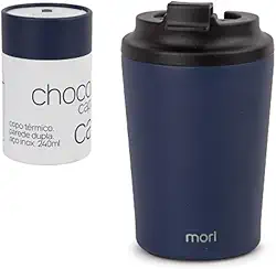 Copo Térmico para Café Aço Inox 240ml com Tampa Flip Antivazamento (Azul)