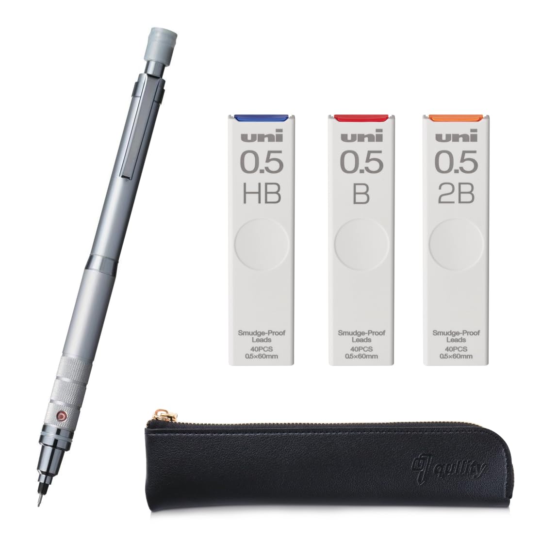 KURU TOGA Roulette Model 0.5mm Silver Body + HB/B/2B Refills, Original Black Slim Pen case