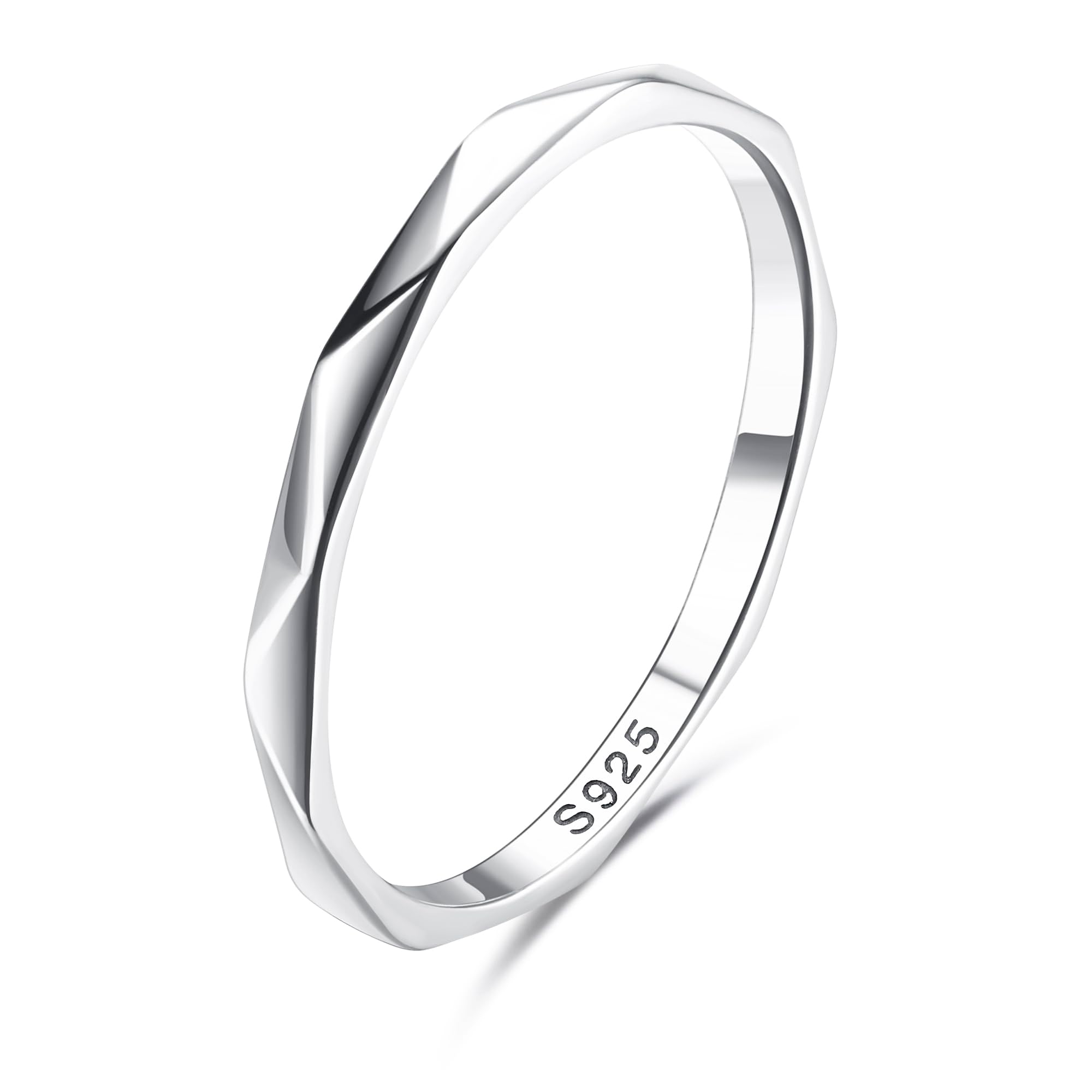MILACOLATO Anillo Plata 925 para Mujer Niñas, Anillos de Banda Delgada de Chapada en Oro Blanco de 18 Quilates, Anillo de Compromiso con Superficie de Corte de Diamante Geométrico de 1,5mm 11.75-24.75