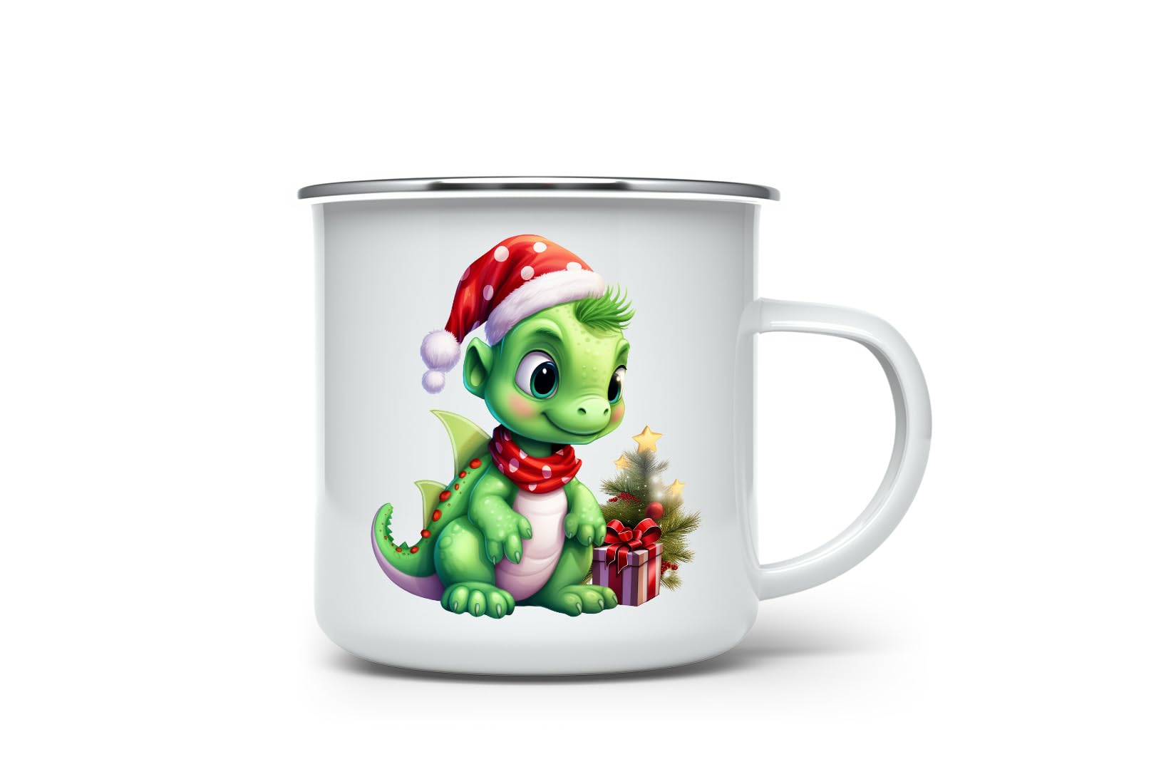 MAXIKIWI - Durable Enamel Coffee or Tea Camping Mug for Indoor Outdoor Use - Cute Baby Dinosaur Christmas - 350ml