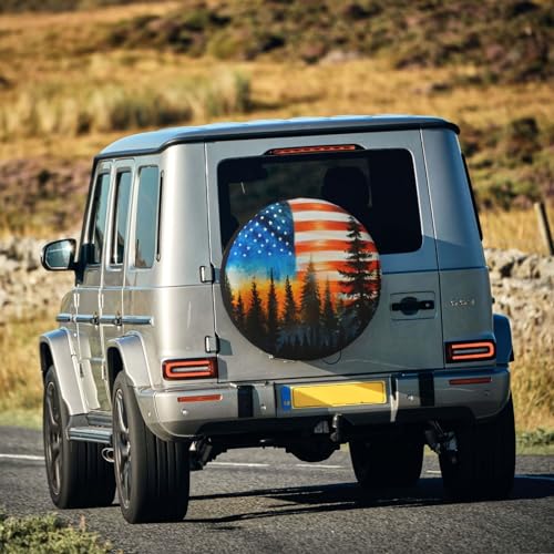 Image of American Flag Sunset Landscape Spare Tire Cover Universal Fit for Trailer RV SUV Truck Camper Weatherproof Wheel Cover 17 inch