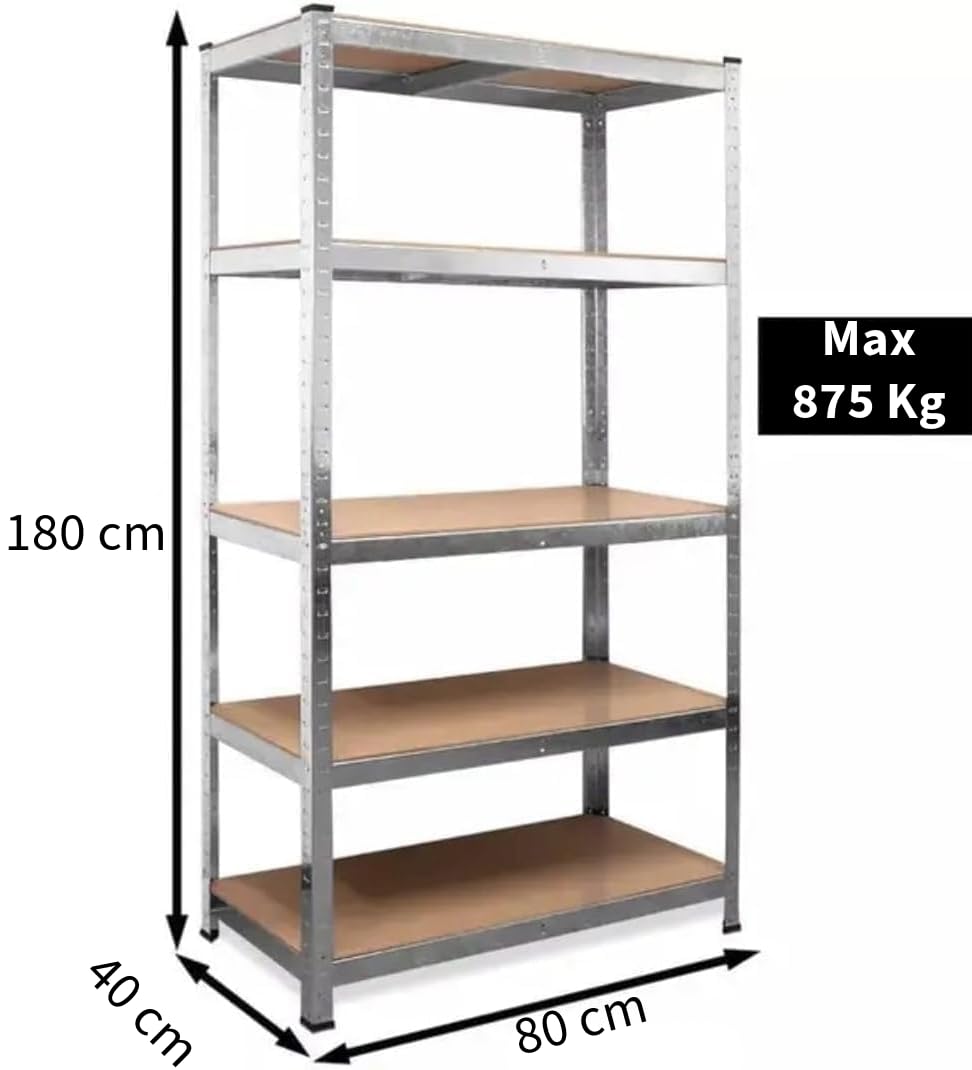 Scaffale Metallico 5 Ripiani 180x80x40cm - Zincato, Portata 175kg Per Ripiano, Per Garage E Officina - Foto 9