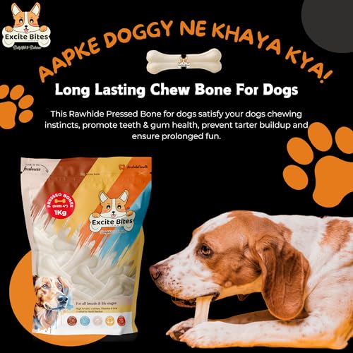 Image of EXCITE BITES Pressed Rawhide Bones for Dogs Treats | Calcium Bone Dog Chewing Needs | 4 Inch Calcium Bone Treat for All Dogs | Dog Chew Bone Mega Pack (Size 4 inch) (1Kg Pack)