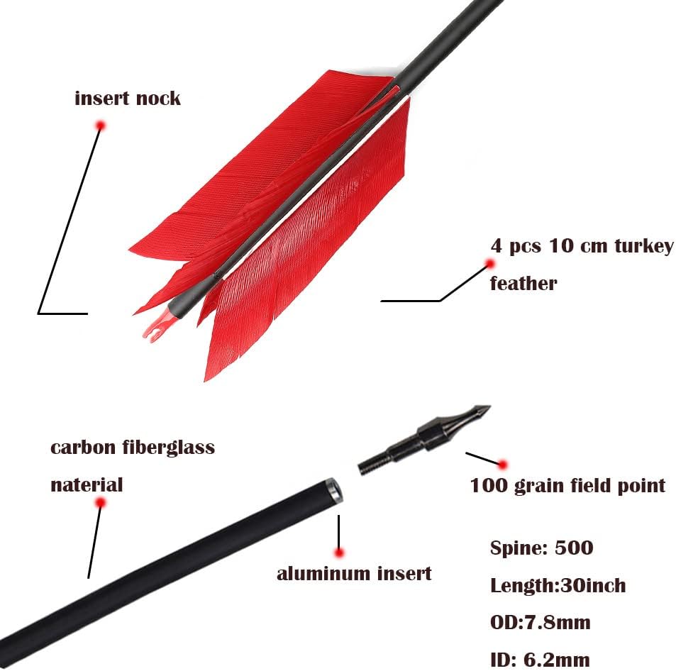 AMEYXGS 6/12 Pcs 30 Inch Archery Carbon Arrows Target Practice Flu Flu Arrows Spine 500 Small Game Arrows 4 Feathers Fletching with 100 Grain Judo Arrowheads for Practice Targeting