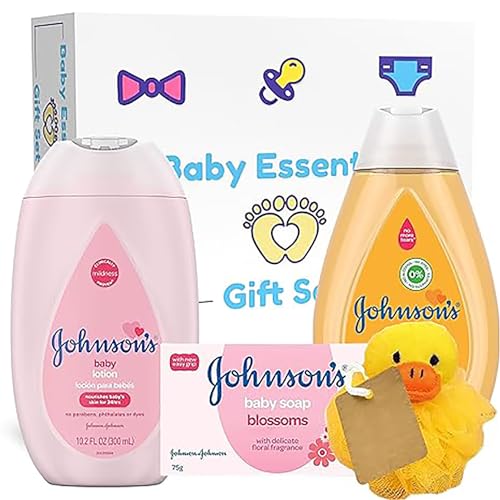 Image of Johnson's Baby Essentials Gift Set, 4 Piece Newborn Baby Essentials Set Includes Baby Shampoo, Baby Lotion, Baby Soap, Pink Poof, for Baby Shower, Baby Bath Time & Skin Care