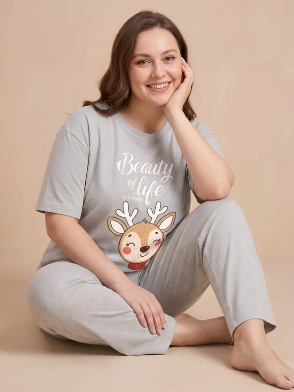 Image of My Swag Womens Cotton Printed Nightsuit Set |T-Shirt & Pajama Pants | Soft Breathable Sleepwear and Loungewear for Women