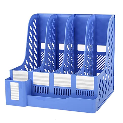 SAYEEC Desktop File Magazine Folder Holder with Pen Holder 4 Section Plastic Hollow Documents Organizer File Cabinet Shelf Frames Dividers Rack Display and Storage (Blue)