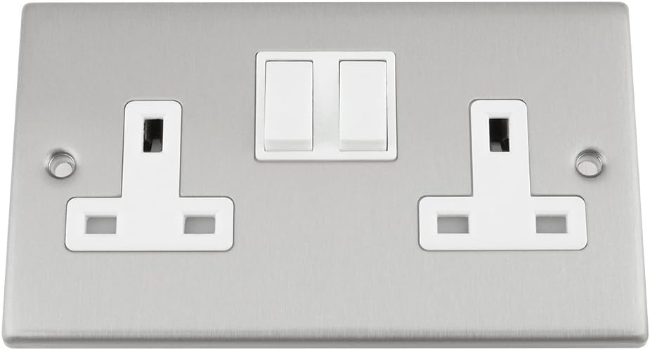 Socket 2 Gang - Satin Matt Chrome - Square - White Insert Plastic Switch - 13A Double Wall Plug Socket